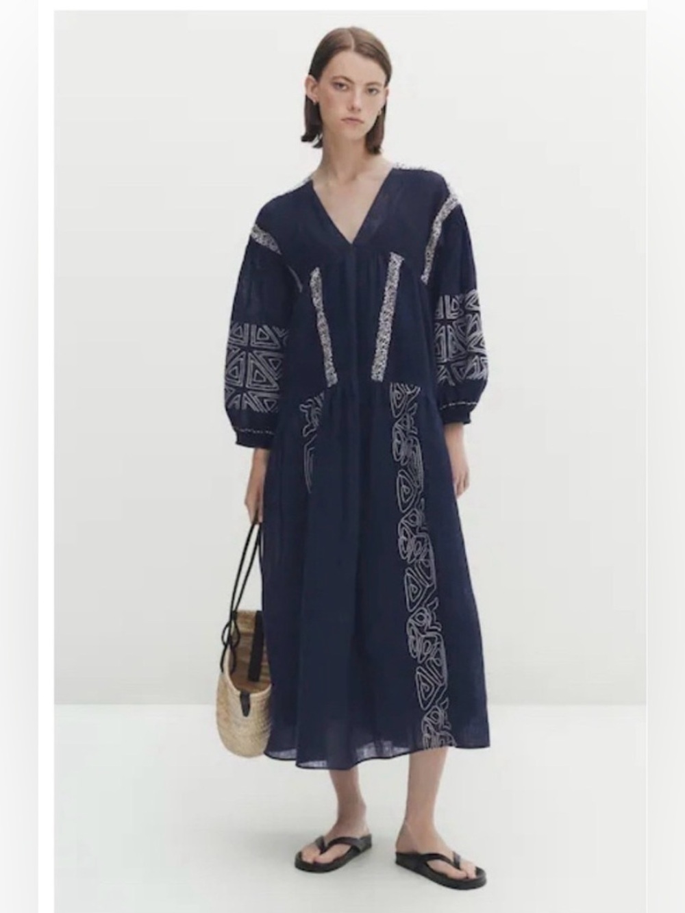 Massimo Dutti Navy Maxi Dress with Cream Embroidery